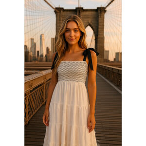 Kaktus Smocked Maxi Dress Black Satin Bow Tie Straps White Tiered M Cottagecore